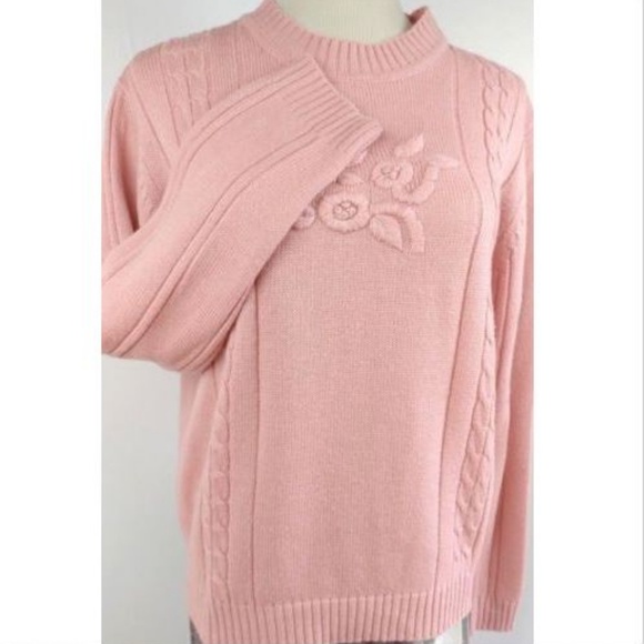 Vintage 90s Pale Pink Sweater Knit Roses Beads M - Picture 6 of 8